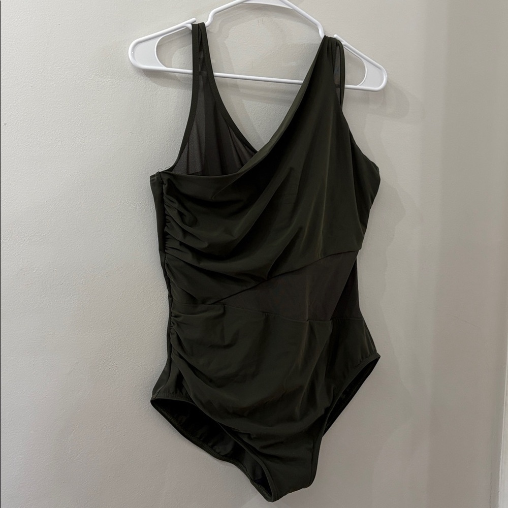 Miracle Suit - Olive One-Shoulder Draped Swimsuit - large - mesh cut out
